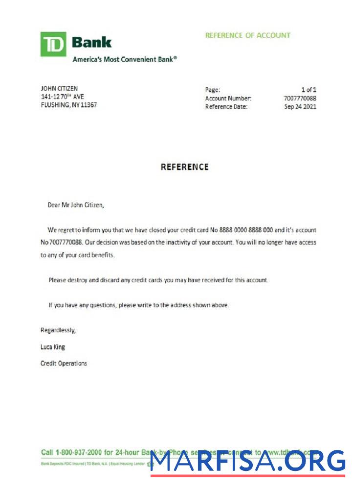 Printable USA TD closure reference example